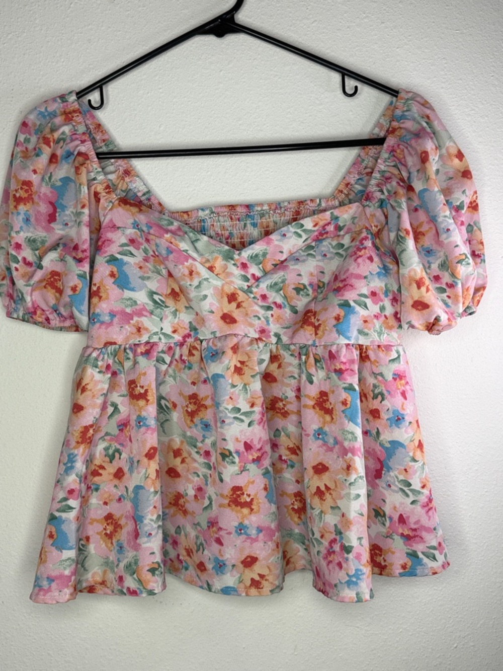 SHEIN Pink Multi Floral Puff Sleeve Peplum Top